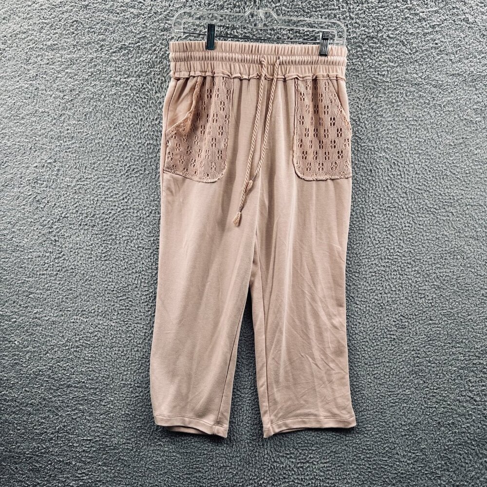 Live Well Lounge Pants Womens‎ Medium Peach Cropped Eyelet Lace Pockets Pull On